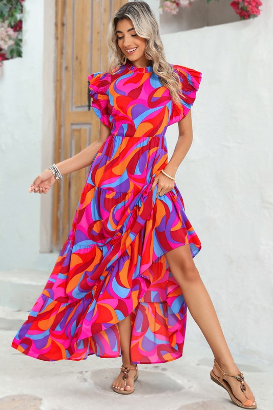 Abstract Print Tiered Maxi Dress